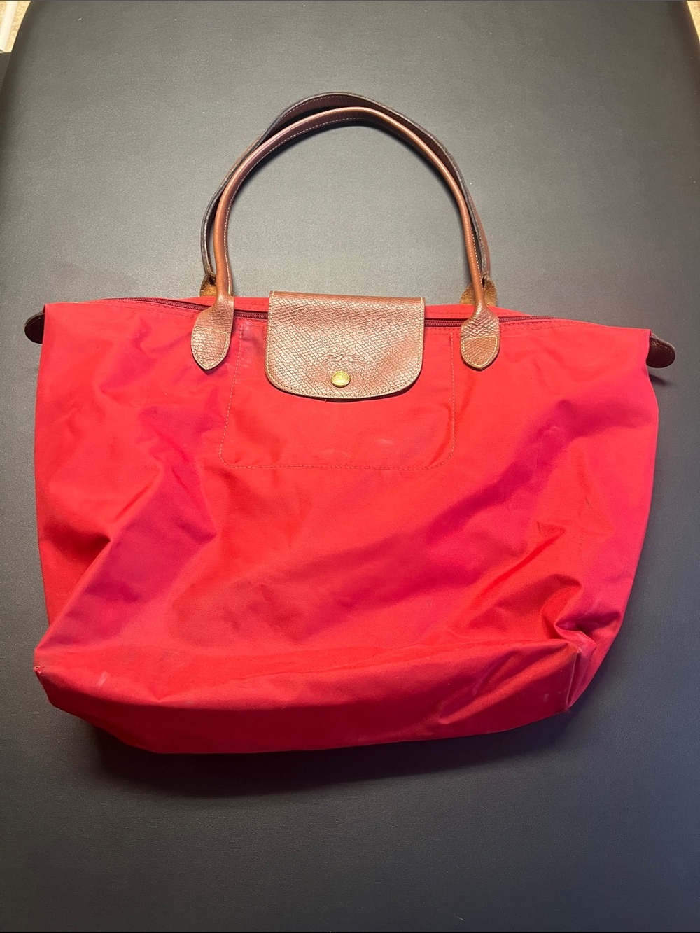 Longchamp Red Nylon Tote with Brown Leather Trim